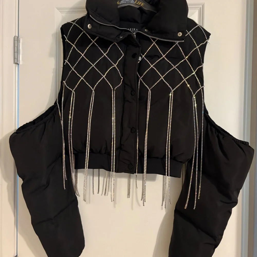 AKIRA Black Cold-Shoulder Puffer Coat With Iridescent Rhinestones Size M - Picture 16 of 16